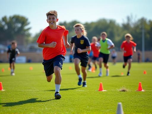 Athletes running drills on a sunny day at summer camp